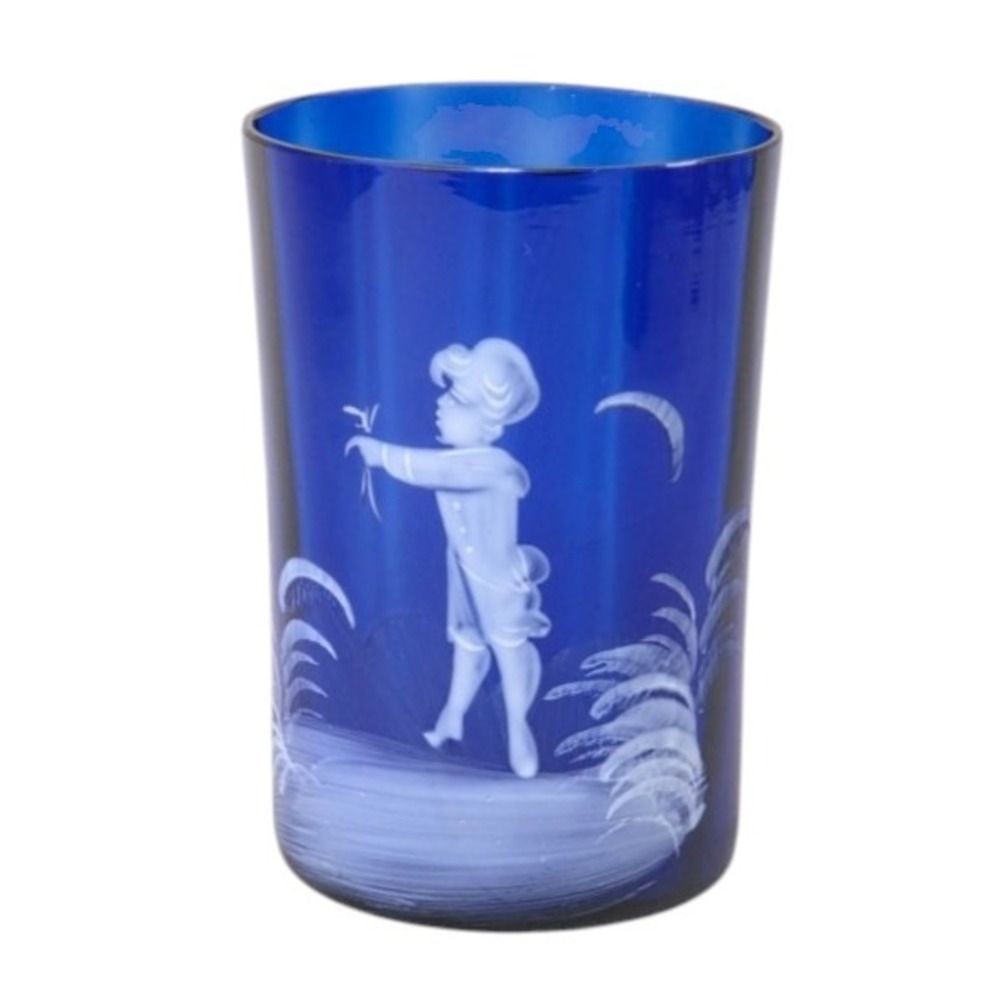 Mary Gregory Cobalt Blue Tumbler Victorian Boy Kite Palm Trees Moon White Enamel